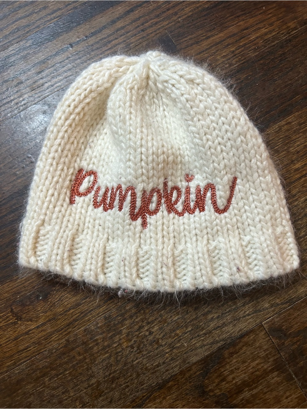 Kids Cream Knit Beanie with 'Pumpkin' Embroidery